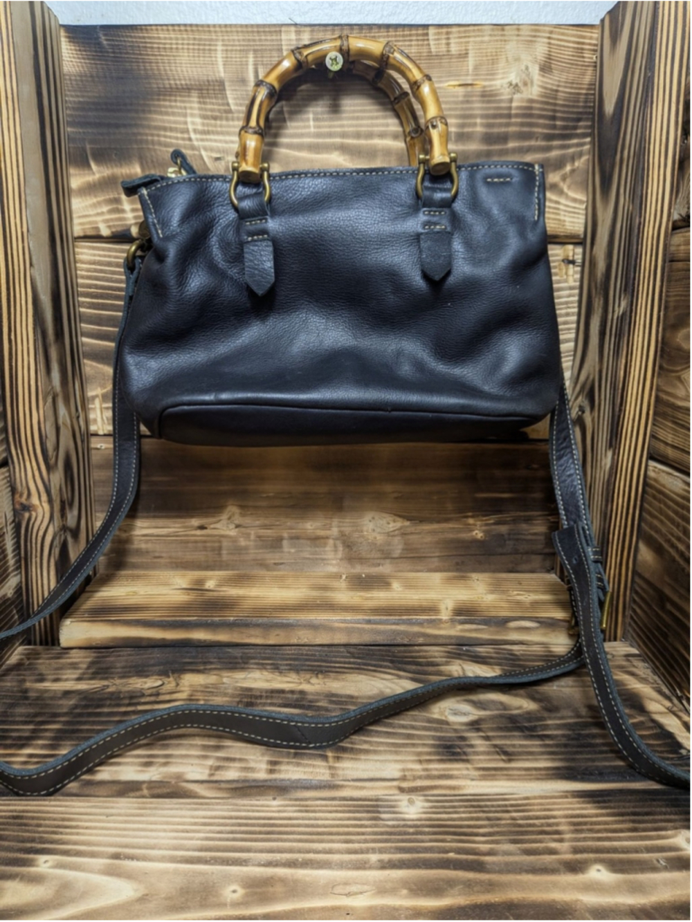 The Sak Leather Satchel Bag Womens Medium Black Bamboo Handle Crossbody Handbag